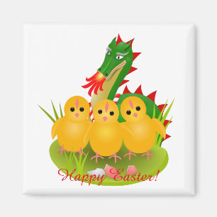 Aimant Joyeuses Pâques de trois poussins et Dragon de Mon