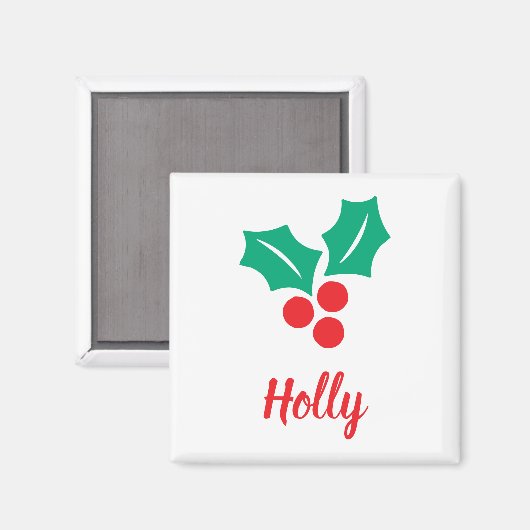 Aimant Joyeuses Vacances Rouge Blanc Vert Holly Nom perso (Recto/Verso)