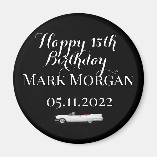 Aimant Joyeux 15e anniversaire garçon fête en noir blanc (Devant)