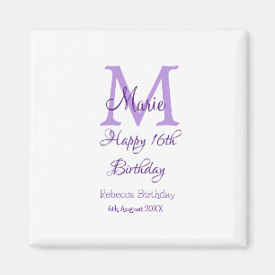 Aimant Joyeux 16e anniversaire violet ajouter nom monogra