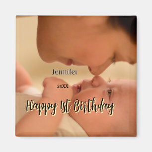 Aimant Joyeux 1er anniversaire enfants bébé mère noir jau