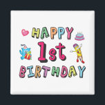 Aimant Joyeux 1er anniversaire pour enfants de 1 an B jou<br><div class="desc">Joyeux 1er anniversaire. Design Anniversaire de enfant amusant et mignon avec un bel ours en peluche tenant un cadeau et un crayon drôle écrivant les souhaits d'anniversaire. Un match parfait pour les enfants et les adolescents.</div>