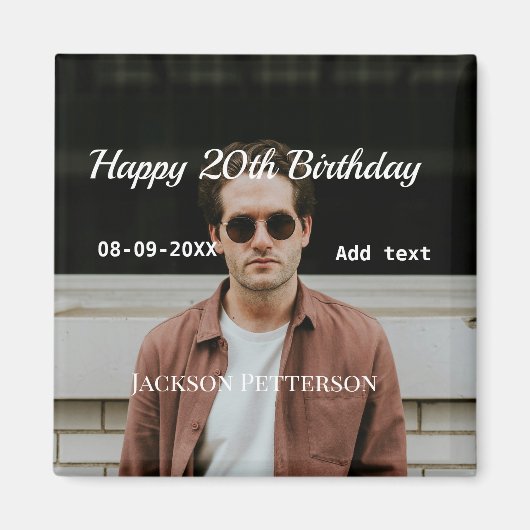 Aimant Joyeux 20e anniversaire simple photo ajouter nom d (Devant)
