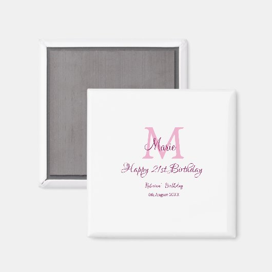 Aimant Joyeux 21e Anniversaire rose ajouter nom monogramm (Recto/Verso)