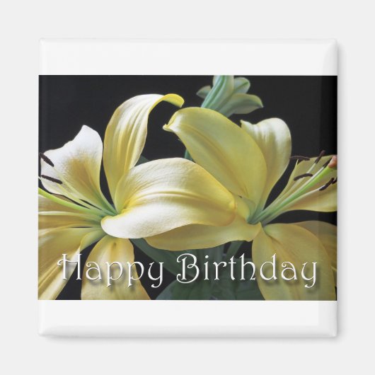 Aimant Joyeux anniversaire Lily Jaune Design floral (Devant)
