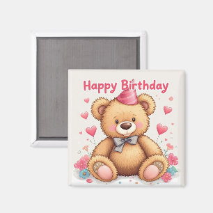 Aimant Joyeux Anniversaire Ourson Mignon avec des Cœurs R