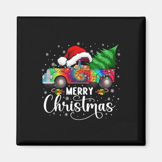 Aimant Joyeux Camion de Noël Arbre Santa Hat Lumières Mat (Devant)
