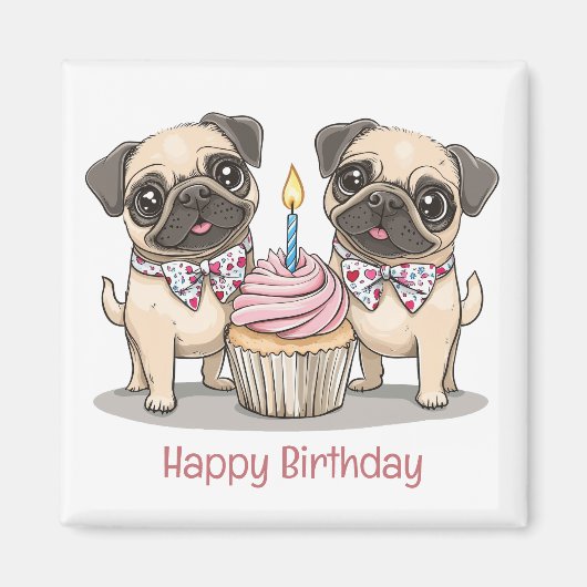 Aimant Joyeux Carlin d'anniversaire Chiens Cupcake (Devant)