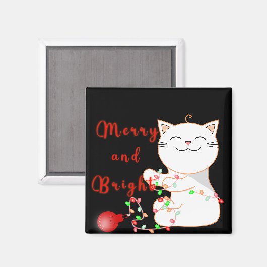 Aimant Joyeux Chat Jouer Avec Lumière LED | Noël mignon (Recto/Verso)