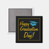 Aimant Joyeux Jour de Graduation Black Gold Blue Script (Recto/Verso)