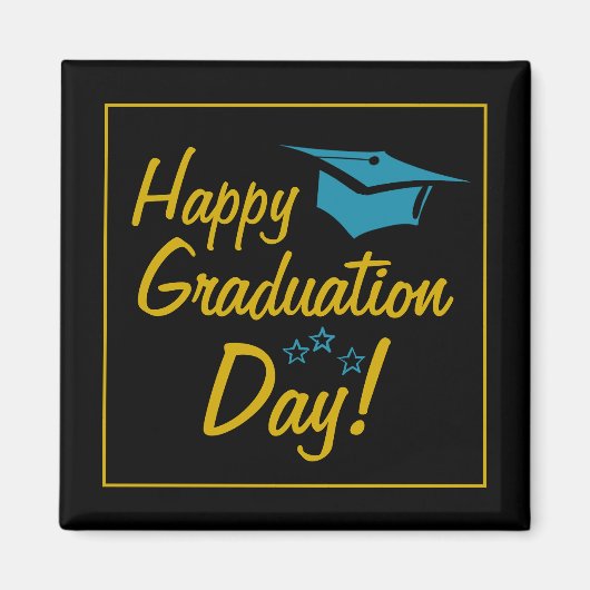 Aimant Joyeux Jour de Graduation Black Gold Blue Script (Devant)