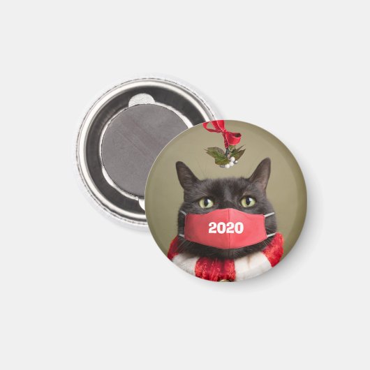 Aimant Joyeux Noël 2020 Chat en Masque Visage Covid (Recto/Verso)