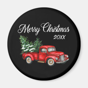 Aimant Joyeux Noël Arbre Date Vintage Camion Rouge Noir