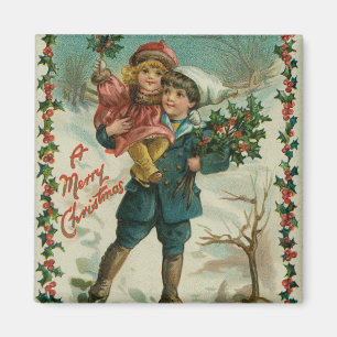 Aimant Joyeux Noël - carte postale rétro, enfants, houx