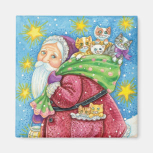 Aimant Joyeux Noël, Père Noël avec des chatons et des cha