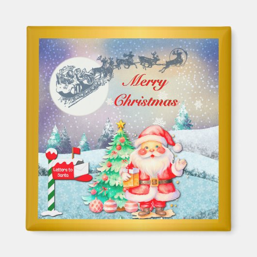 Aimant Joyeux Noël Père Noël, Sleigh, Reindeer, Snowflake (Devant)