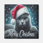 Aimant Joyeux Noël Russe bleu Chat, Noël Père Noël Chat (Devant)