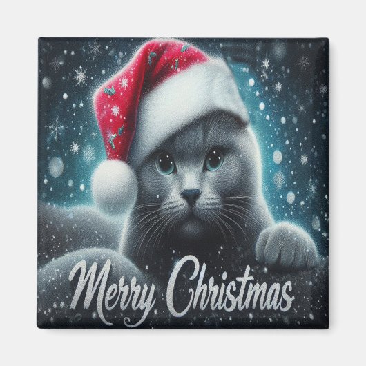Aimant Joyeux Noël Russe bleu Chat, Noël Père Noël Chat (Devant)