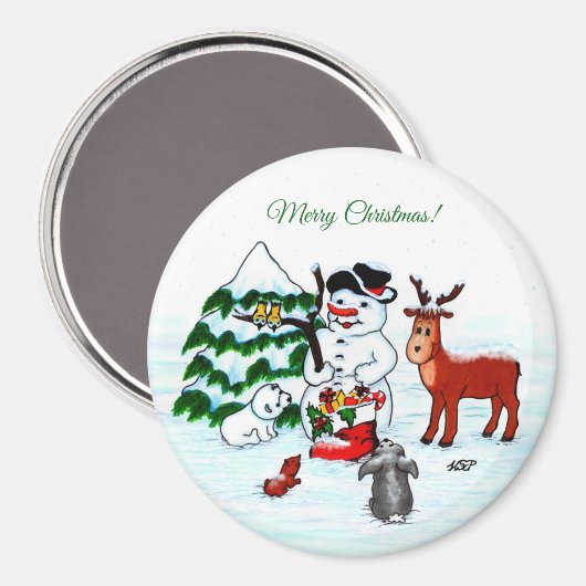 Aimant Joyeux Noël ! Snowman avec amis (Recto/Verso)