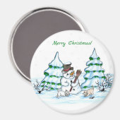 Aimant Joyeux Noël ! Snowman avec chat et chiot (Recto/Verso)