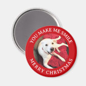 Aimant Joyeux Noël Souriant Chien Photo Funny Rouge rond (Recto/Verso)