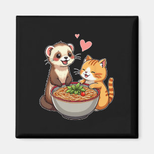 Aimant Kawaii Ferret Et Chat Manger Ramen Cute Japonaise
