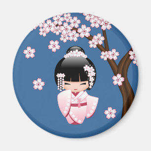 Aimant Kimono Rose Kawaii Kokeshi Poupée sur Rond Bleu