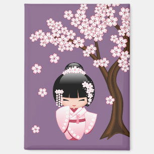 Aimant Kimono rose Kawaii Poupée Kokeshi sur fond violet