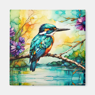 Aimant Kingfisher sur l'eau et les Fleurs sauvages
