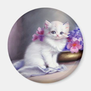 Aimant Kitten blanc vintage aux fleurs roses et violettes