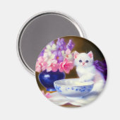 Aimant Kitten blanc vintage avec ruban violet (Recto/Verso)