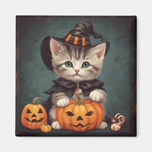 Aimant Kitten en costume d'Halloween et Jack-O'Lantern (Devant)