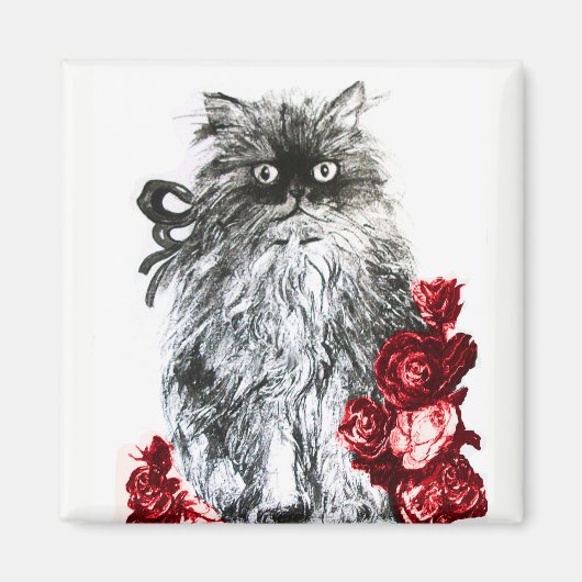 Aimant KITTY CAT, CUISINE AVEC ROSES ROUGES Noir Blanc (Devant)