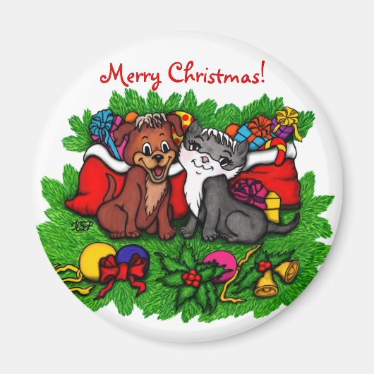 Aimant Kitty et chiot, Happy XMas (Devant)