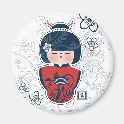 Aimant kokeshi marine blanc rouge (Devant)