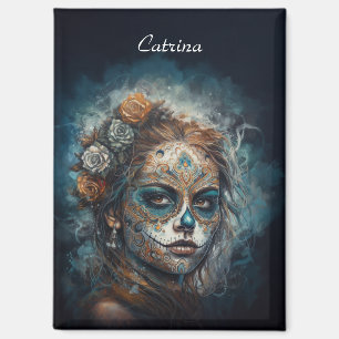 Aimant La Catrina Bleue Dia de los Muertos Crâne de Sucre
