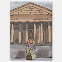 La fille est assise devant le Panthéon à Rome.
