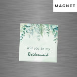 Aimant La servante de Bridesmaid d'honneur eucalyptus ver<br><div class="desc">Un arrière - plan vert et blanc couleur eau. Décoré de feuillage de verdure d'eucalyptus et de fougère de bois. Avec le texte : Serez-vous ma demoiselle d'honneur ou ma servante d'honneur ?</div>