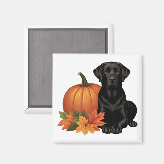 Aimant Labrador Noir avec feuilles d'automne et Citrouill (Recto/Verso)