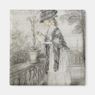Aimant Lady on a Terrace Tending a Carnation Plante (noir