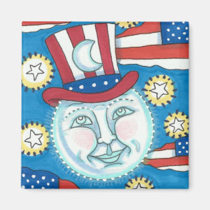 AIMANT L'AMÉRICANA FOLK ART PATRIOTIQUE HOMME DANS LA LUN