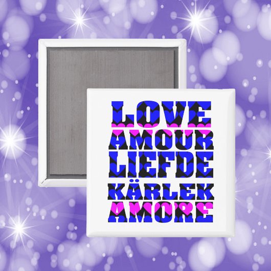 Aimant L'amour dans plusieurs langues Coeurs Bleus Rose