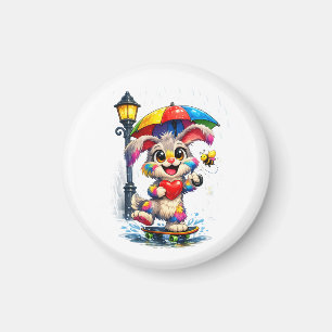 Aimant Lapin arc-en-ciel mignon avec parapluie