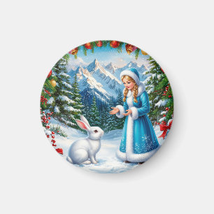 Aimant Lapin Blanc et Jeune Fille des Neiges en Forêt hiv