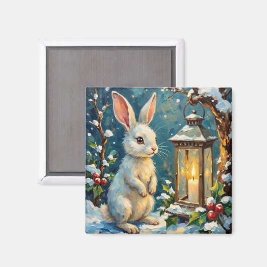 Aimant Lapin blanc vintage avec lanterne de Noël (Recto/Verso)