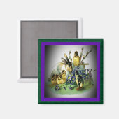 Aimant Lapin de Pâques vintage, Bébés poussins & Fleurs,  (Recto/Verso)