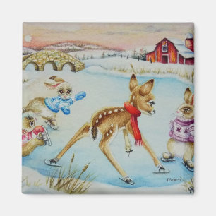 Aimant Lapin lapins et patinage sur glace Fawn Aquarelle 