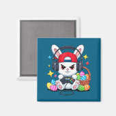 Aimant Lapin mignon avec casque gaming Pâques (Recto/Verso)