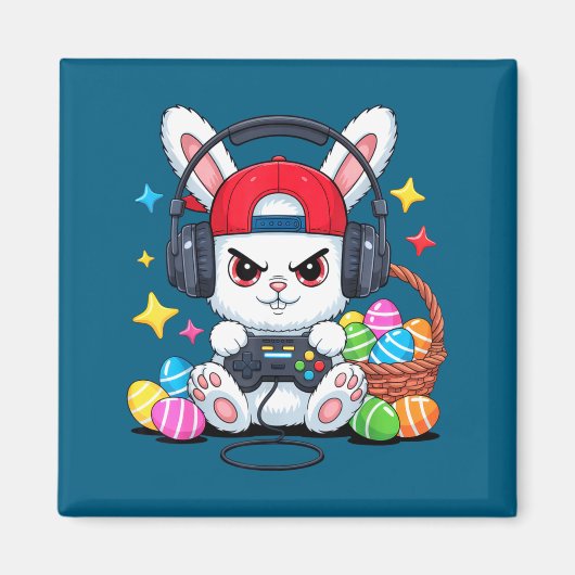 Aimant Lapin mignon avec casque gaming Pâques (Devant)