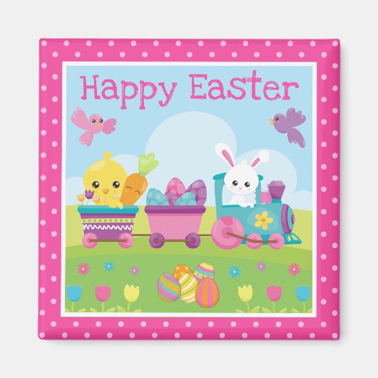 Aimant Lapin mignon, poussin et train d'oeufs en chocolat (Devant)